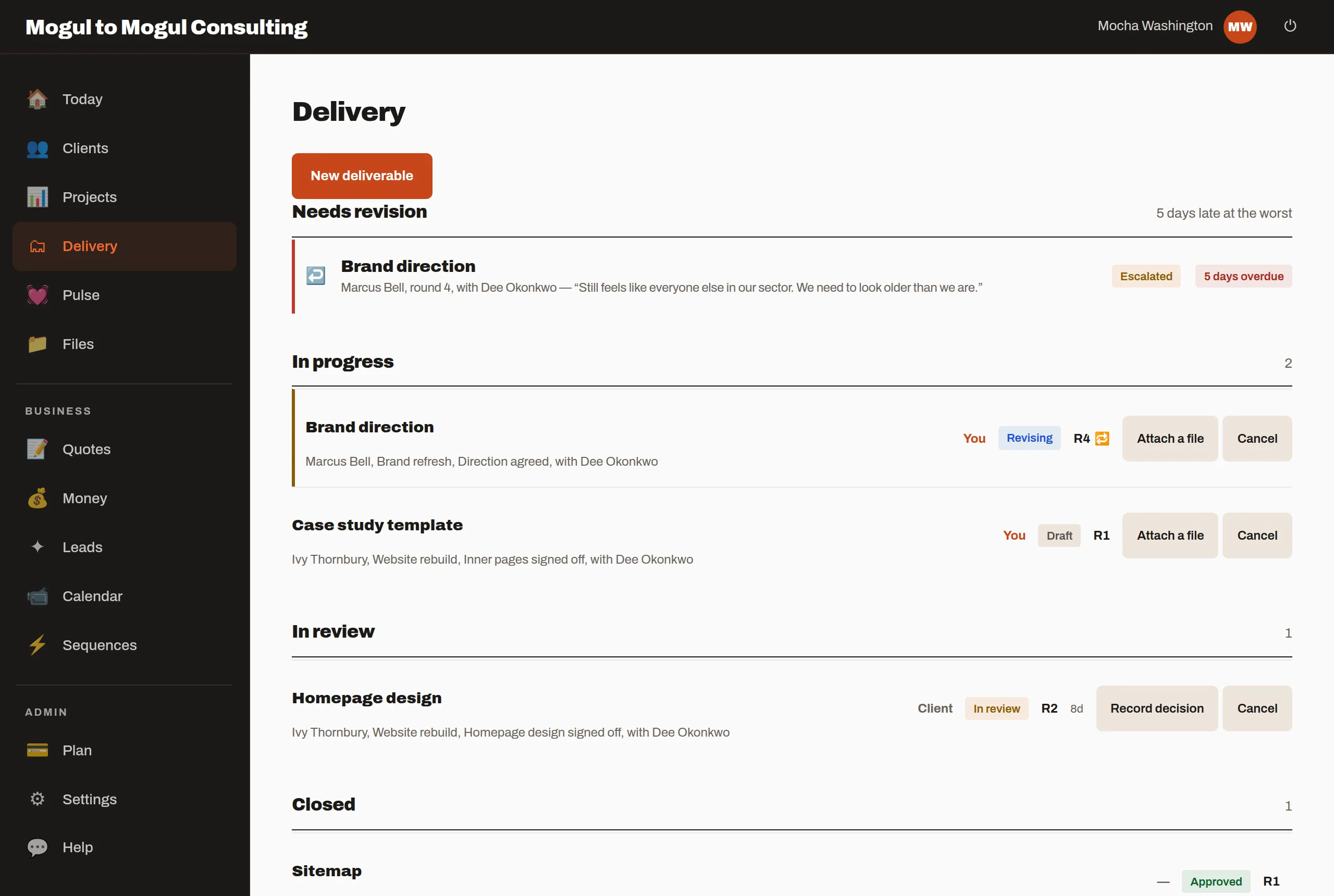 A delivery view showing which piece of work is sitting with which person