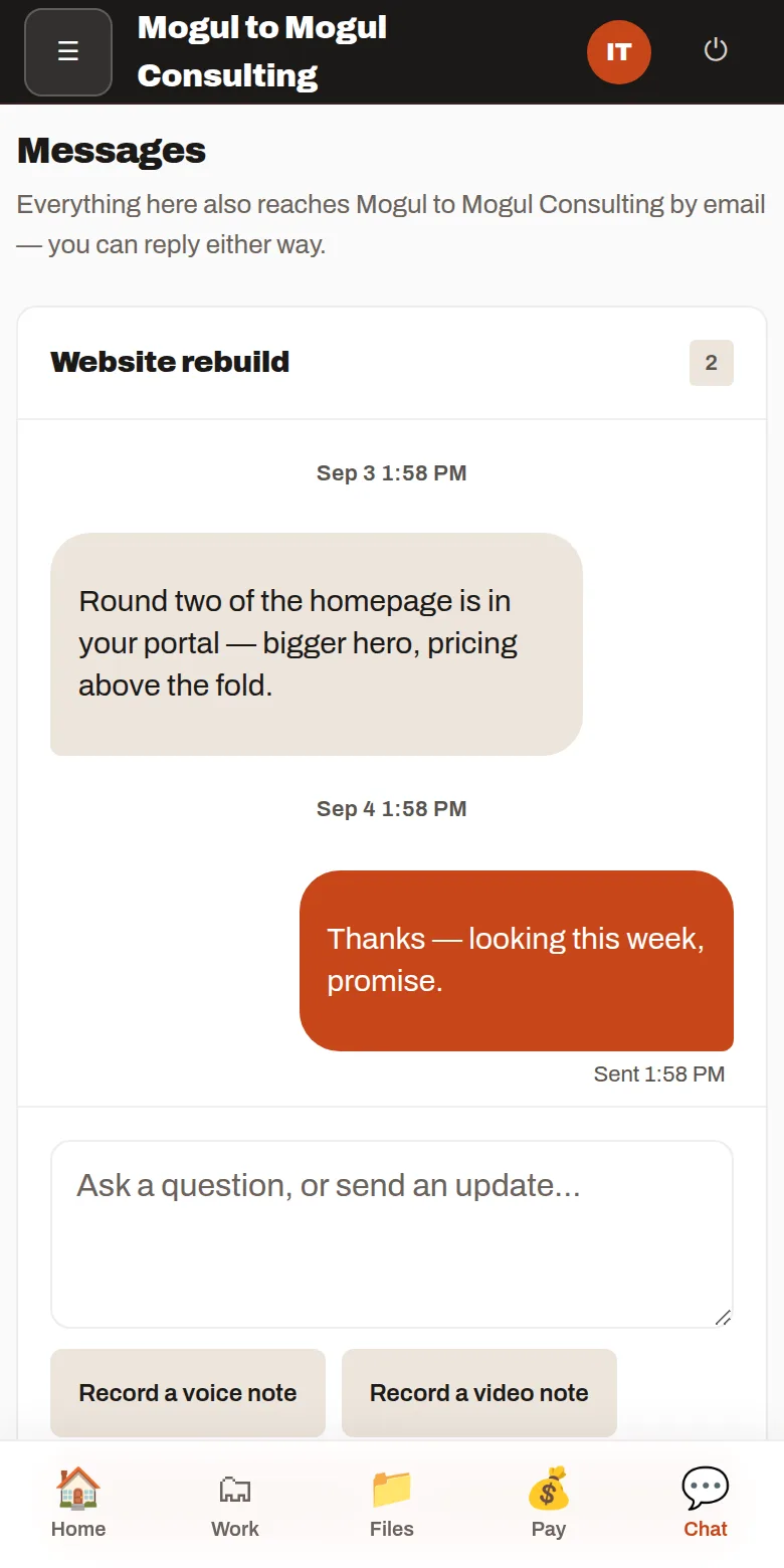 One message thread with both sides of the conversation, on a phone