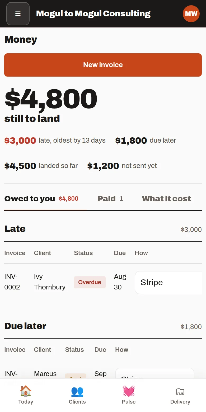 Invoices and what is still owed, on a phone