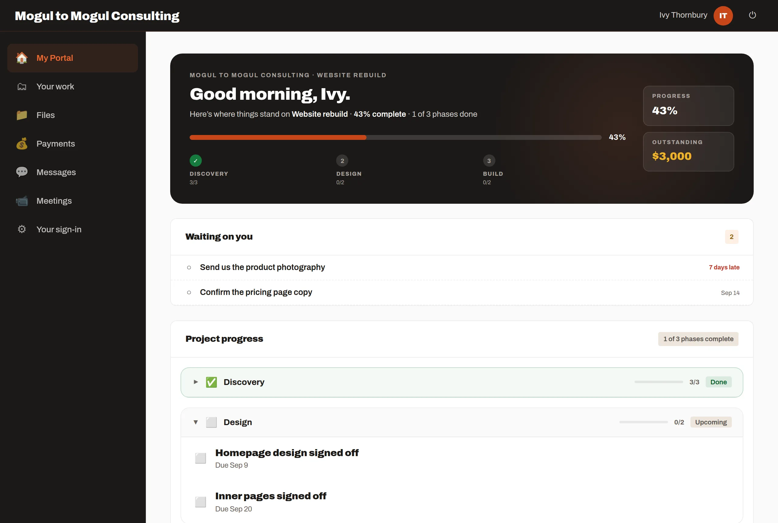 A branded client portal on the client's own domain, showing progress and what they owe
