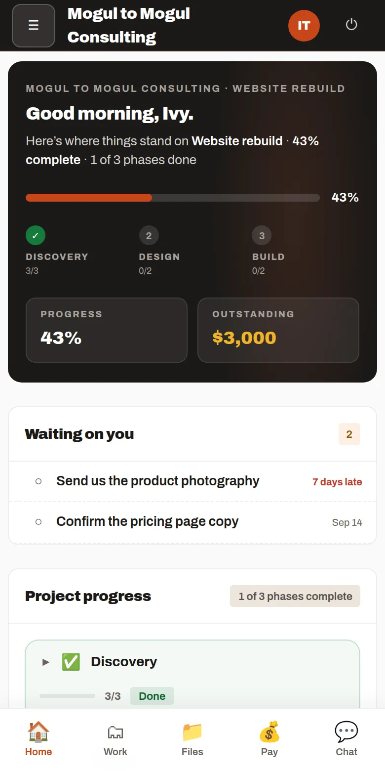 The same experience on a phone, from the client's side