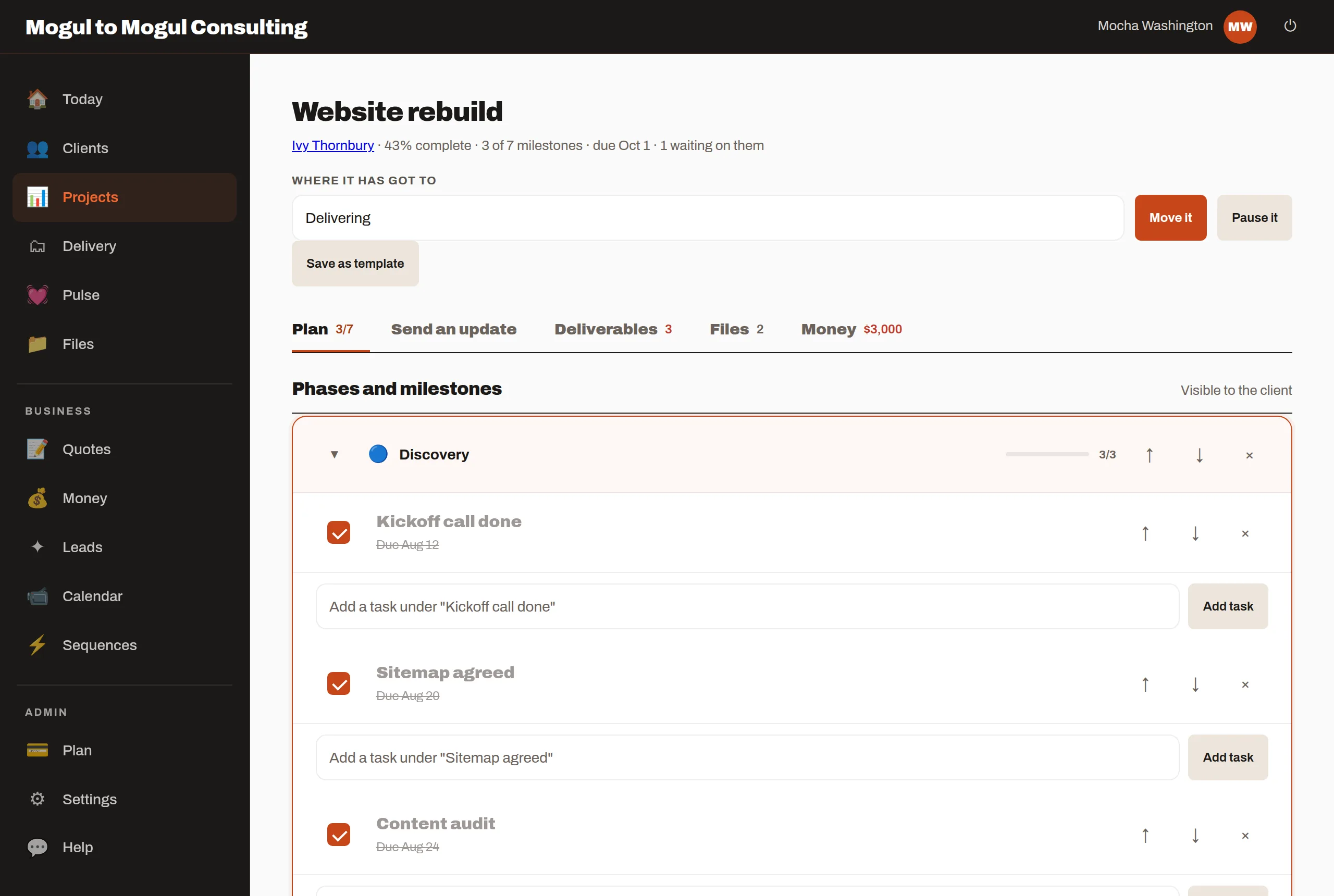 A project broken into phases and milestones the client can follow