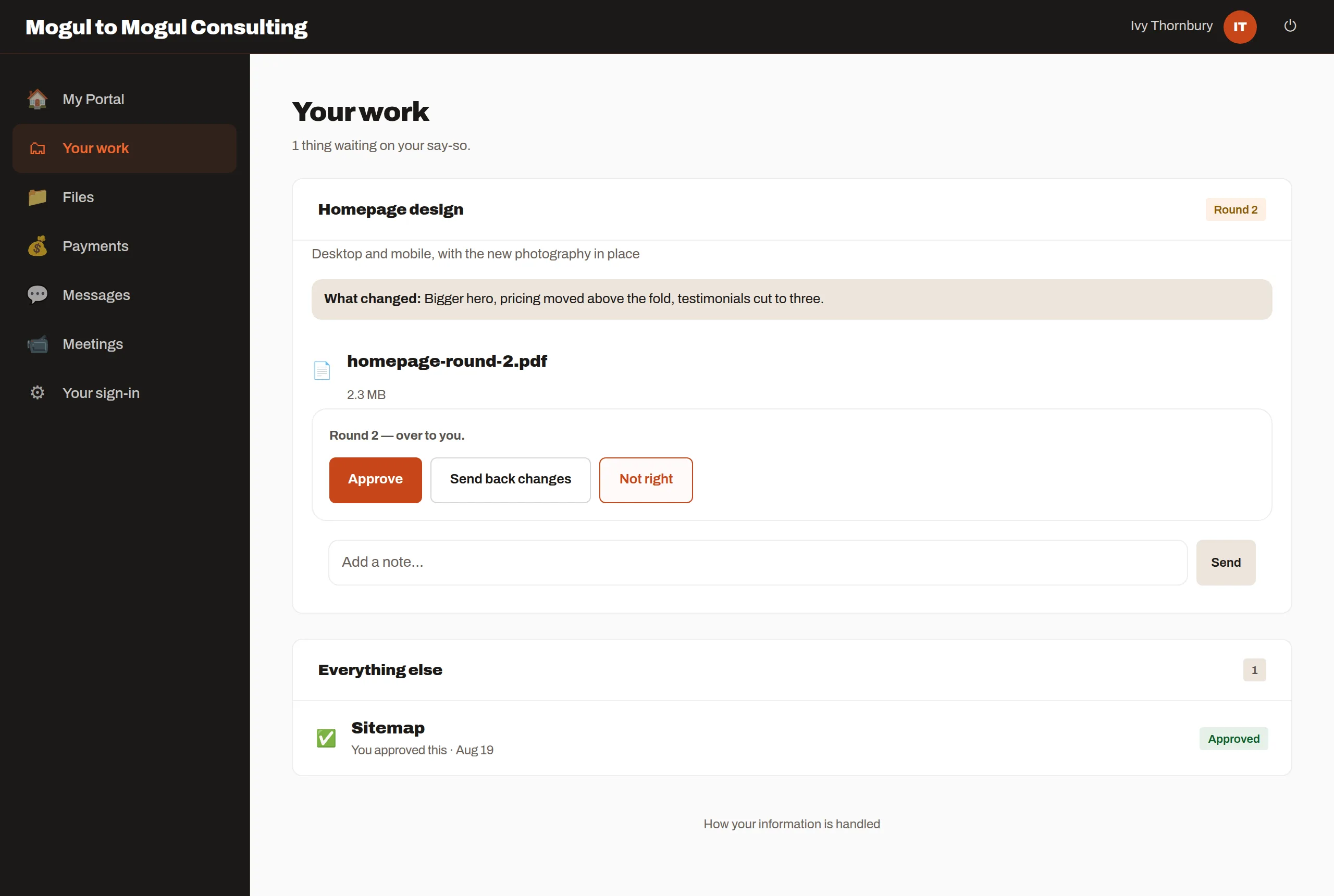A client approving work or sending it back with a reason