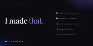 Dark editorial graphic reading “I made that.” beside what MOCHA OS runs: 31 tools, 6 departments, 2 AI tools on one live state, 1 source of truth, 0 recaps before the work starts.